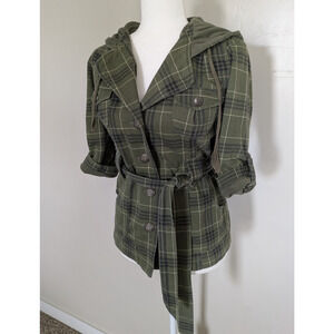 LA Kitty Plaid Jacket Juniors XL Belted Soft‎ Green Hooded Coat Button Military